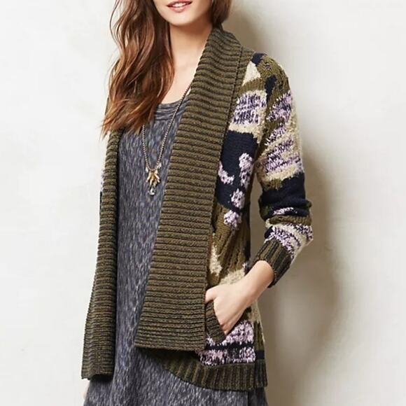 Anthropologie Sleeping on Snow Camo Print Cardigan Sweater Green Cream Cozy XS - Picture 7 of 16